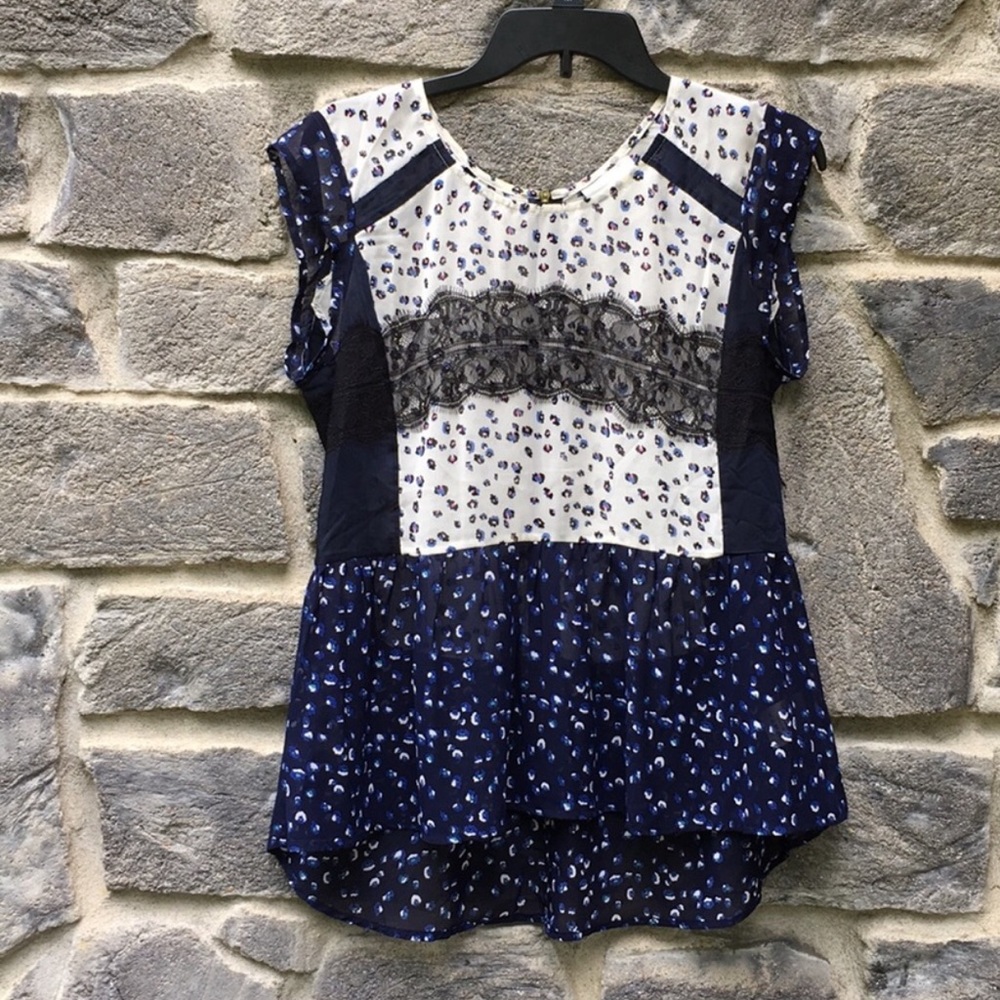 Maeve Anthropologie Peplum Top Lace Trim Front Zip Small